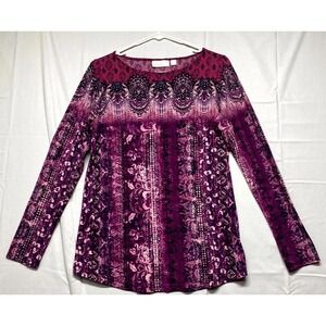 Belle Kim Gravel Tunic Top Women XS Purple Pink Floral Paisley Print Long Sleeve